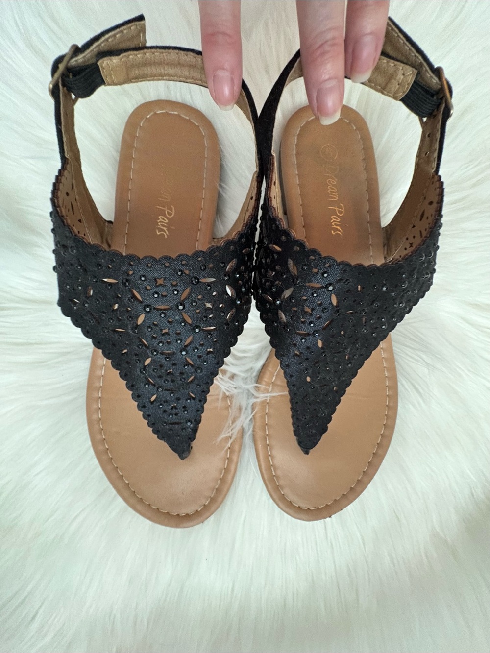 Dream Pairs Black Laser-Cut Sandals with Tan Footbed